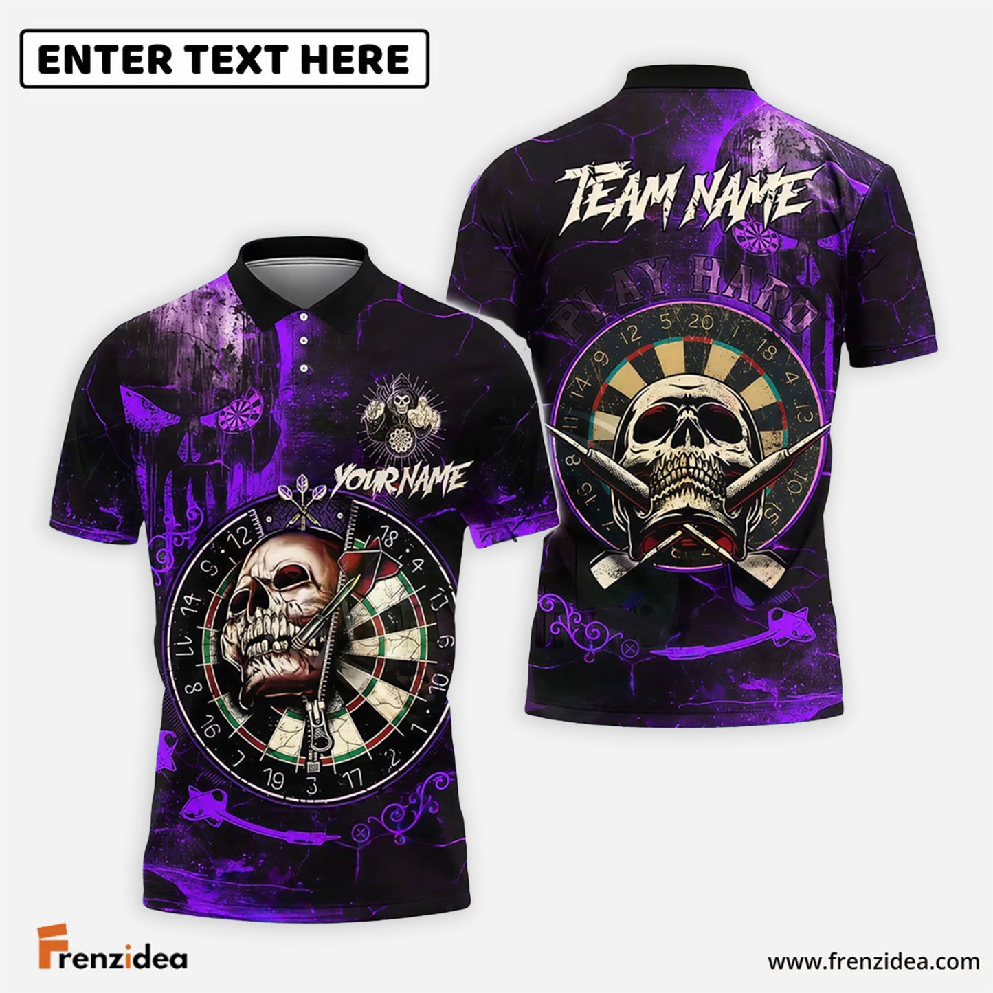 Frenzidea Darts Skull Target Gothic Style Personalized Name, Team Name Shirt (4 Colors)