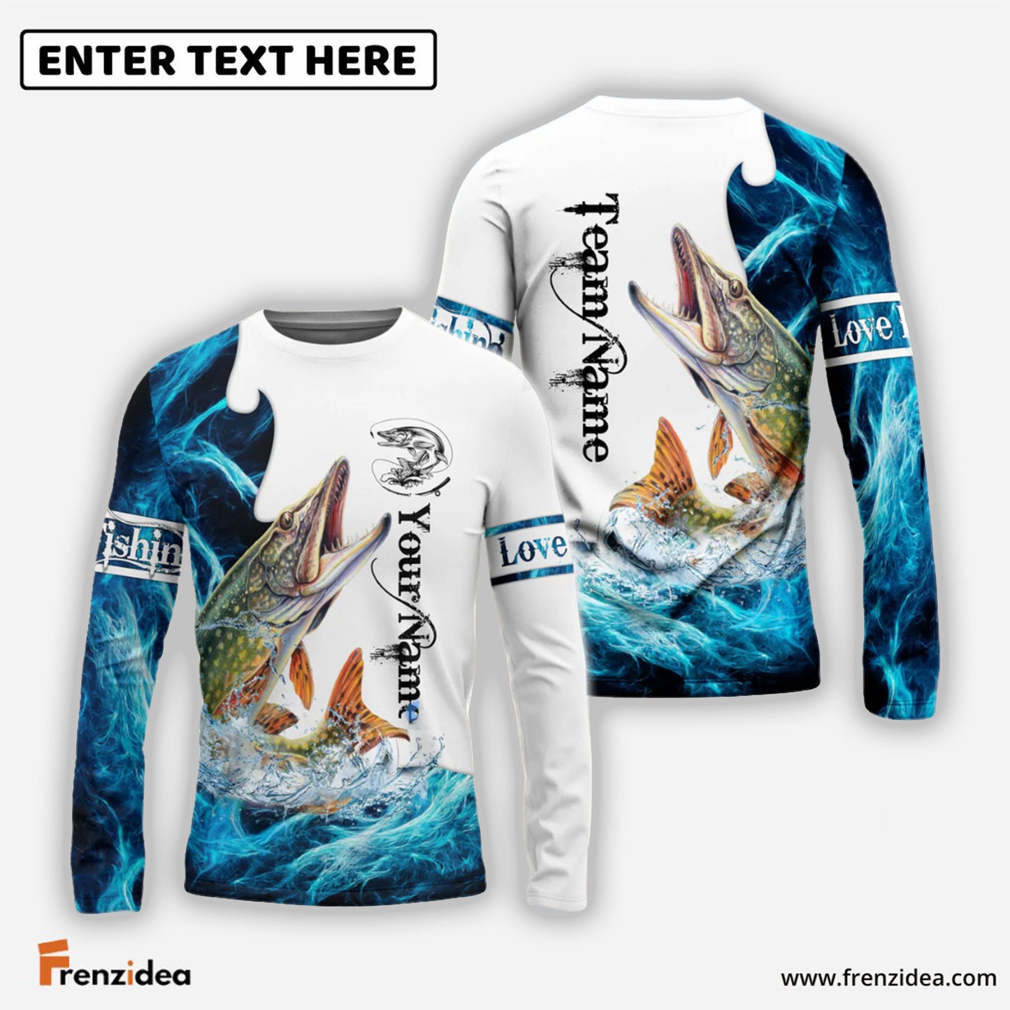 Frenzidea Customize Name, Team Name Pike Fishing Water & White 3D Shirts