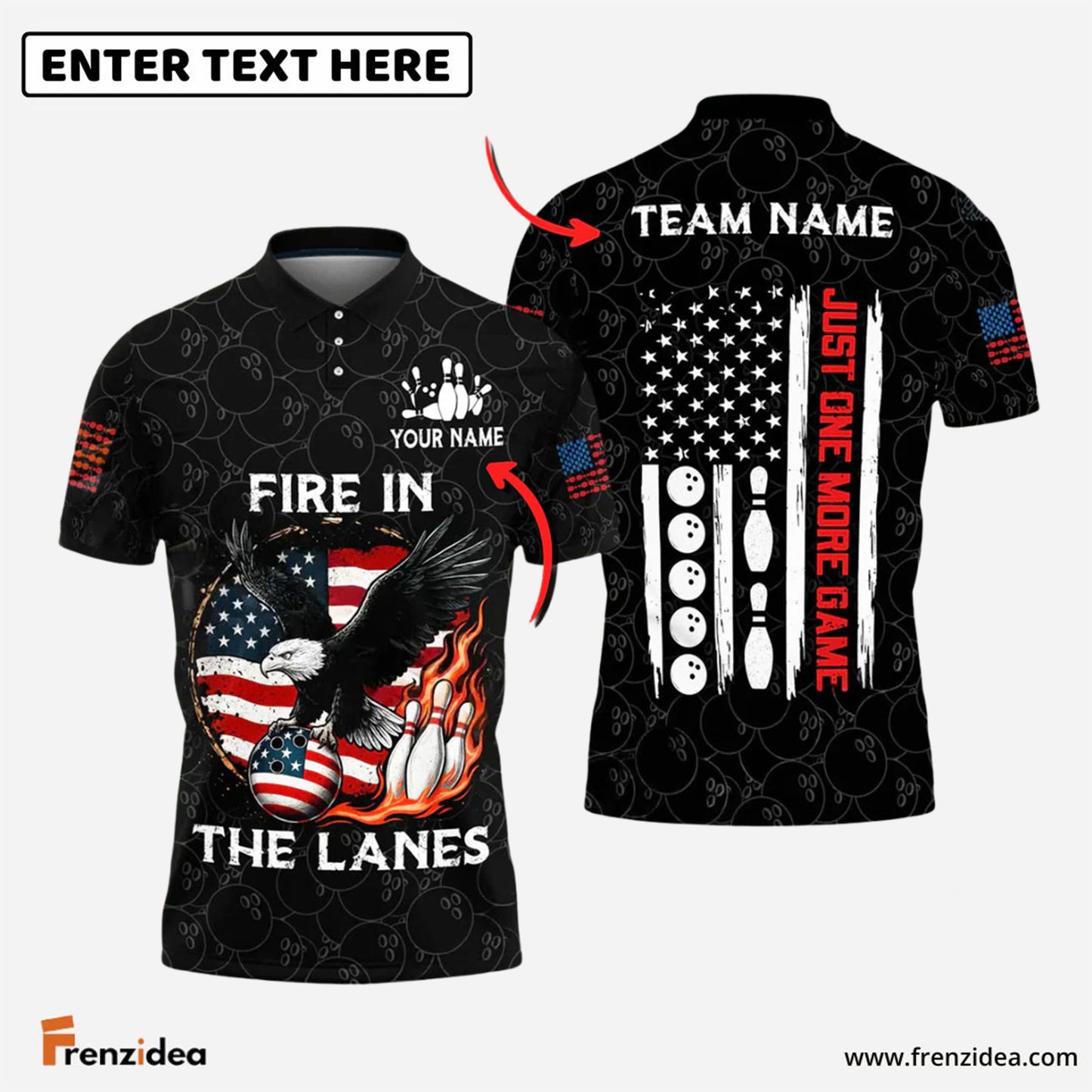 Frenzidea Bowling And Pins Fire in the Lanes American Flag Style Personalized Name, Team Name Unisex Shirt