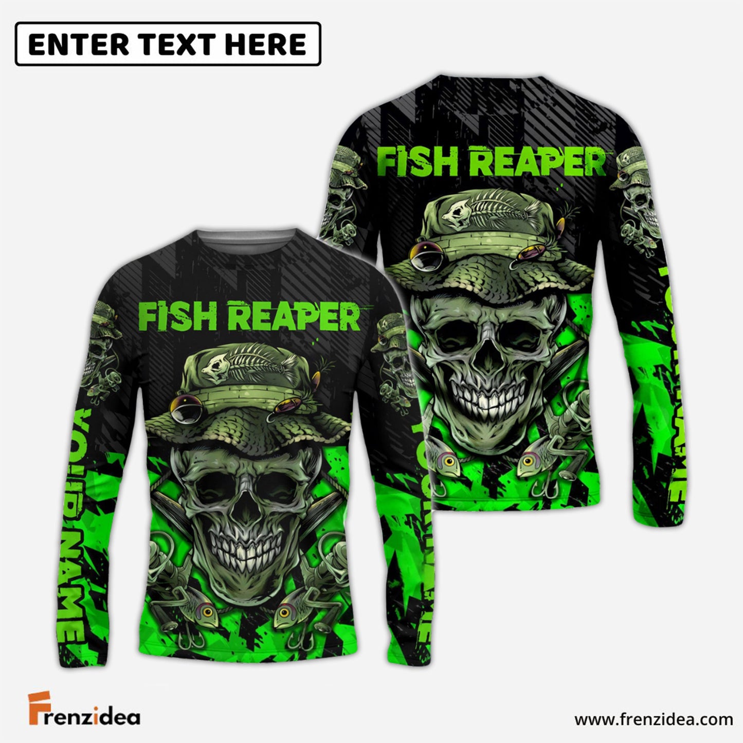 Frenzidea Fish Reaper Skull Black And Neon Green Custom Fishing Shirts