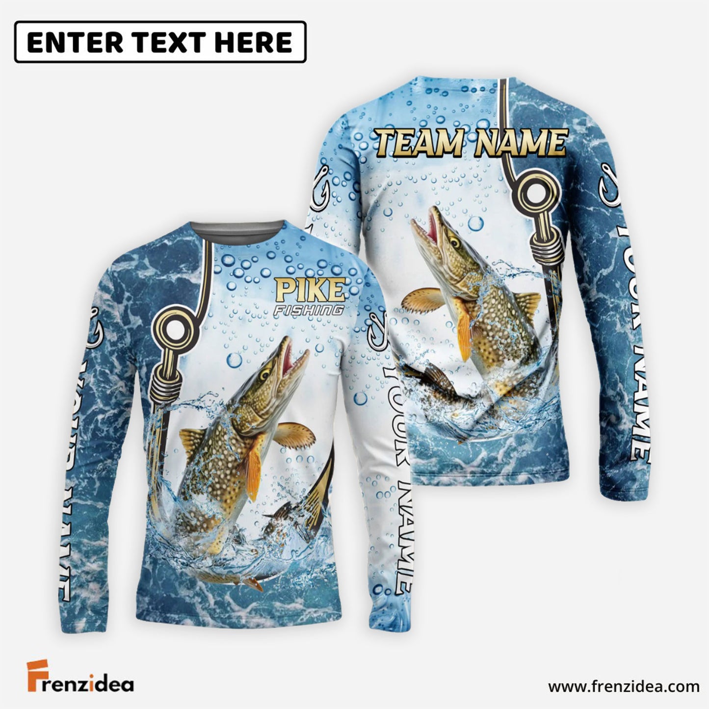 Frenzidea Pike Fishing Golden Hook Graphic Sport Custom Name & Team Name 3D Shirts