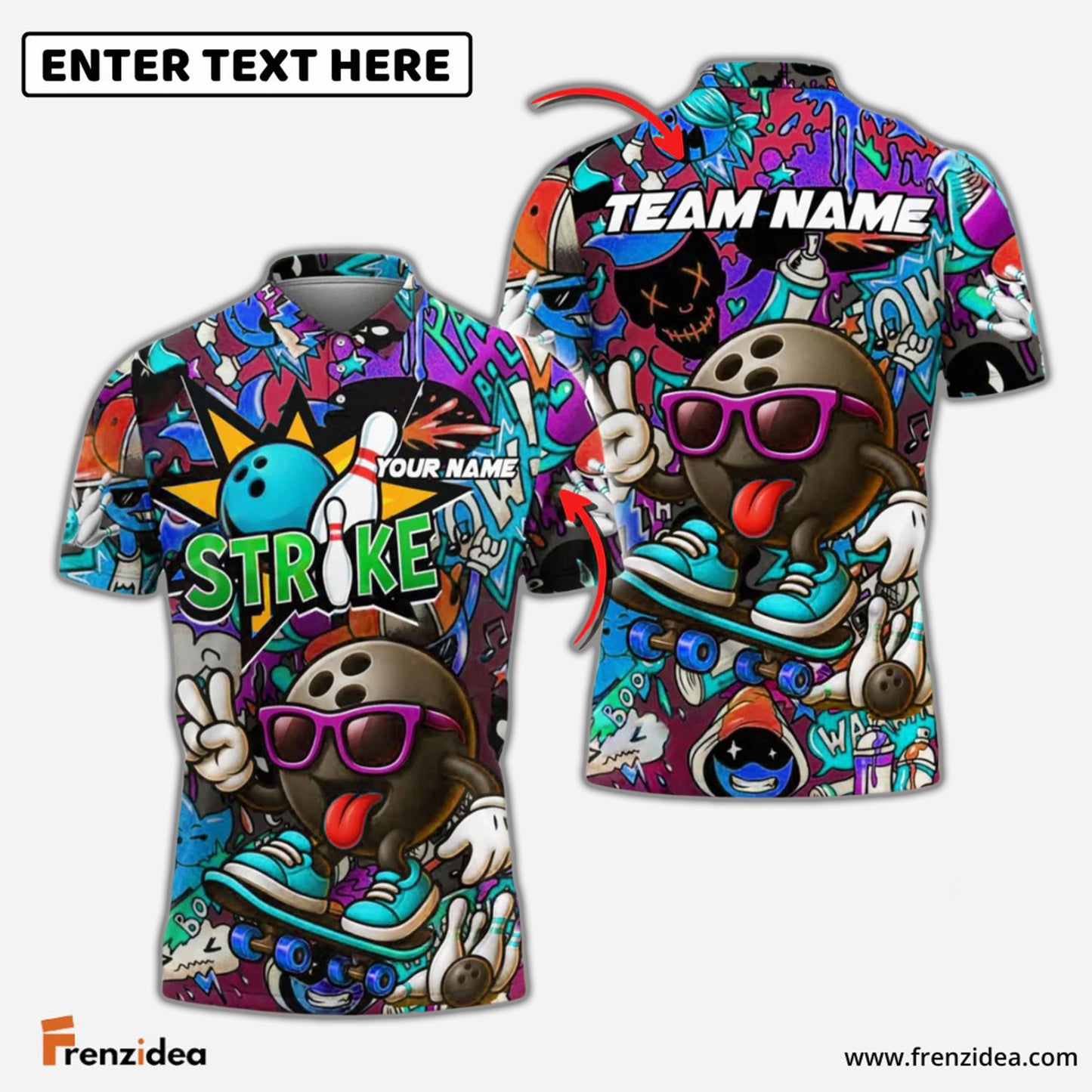 Frenzidea Bowling Street Strike Graffiti Skater Style Customized Name, Team Name 3D Shirt (4 Colors)