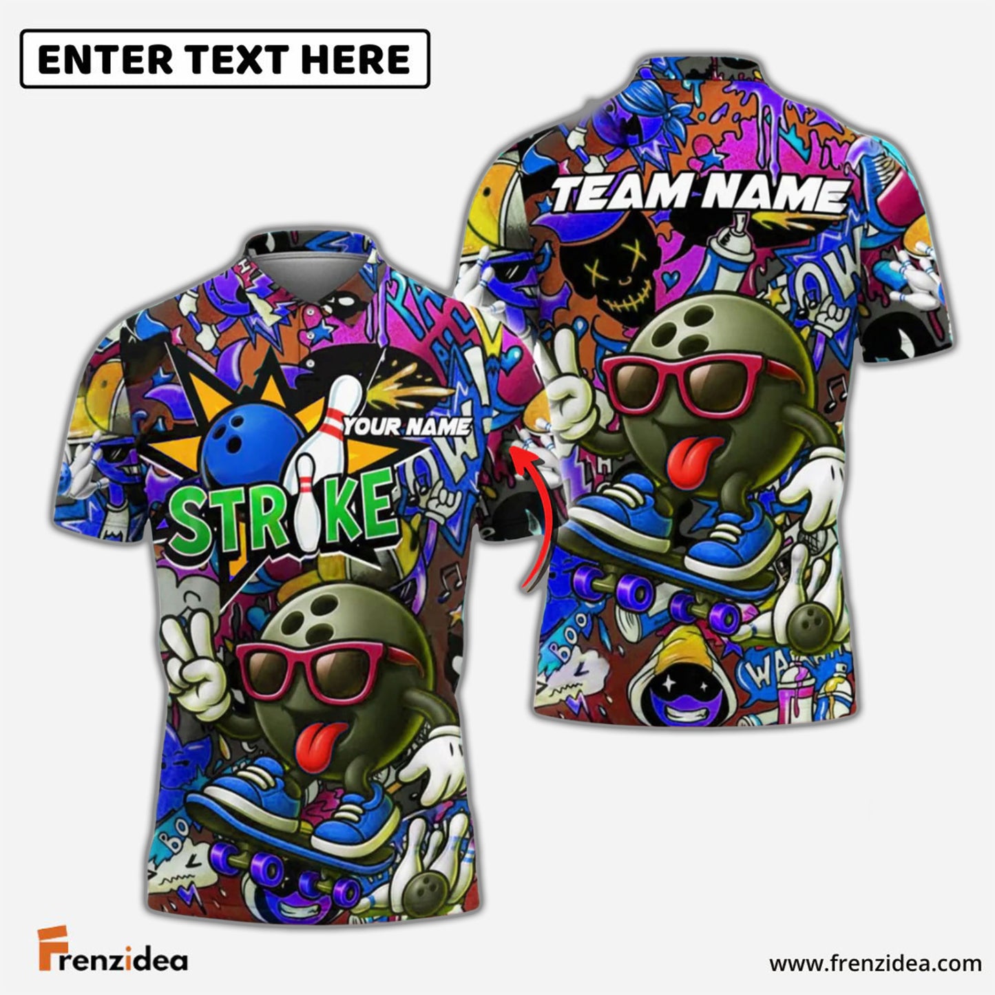 Frenzidea Bowling Street Strike Graffiti Skater Style Customized Name, Team Name 3D Shirt (4 Colors)
