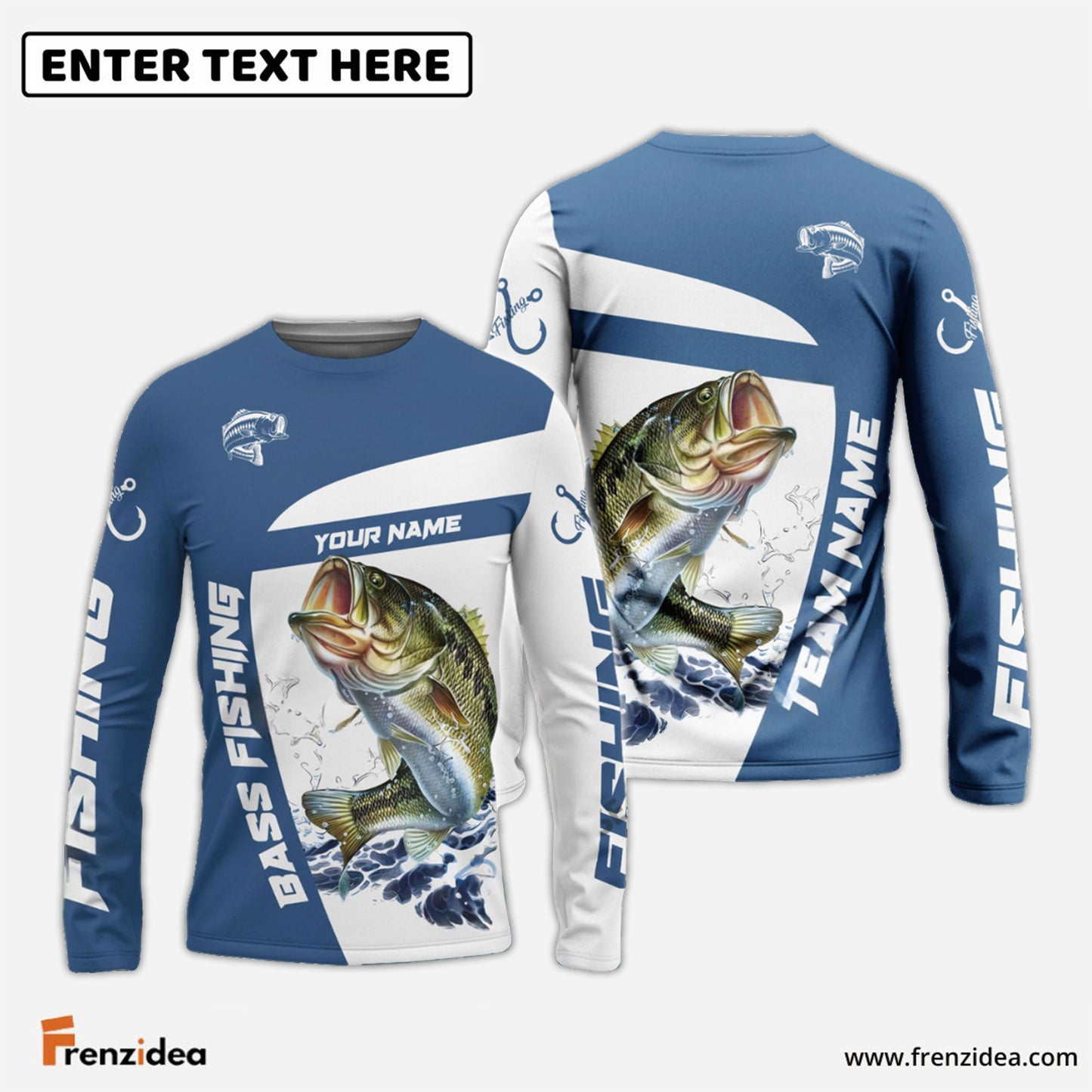 Frenzidea Bass Fishing Light Navy Sport Custom Name & Team Name 3D Shirts