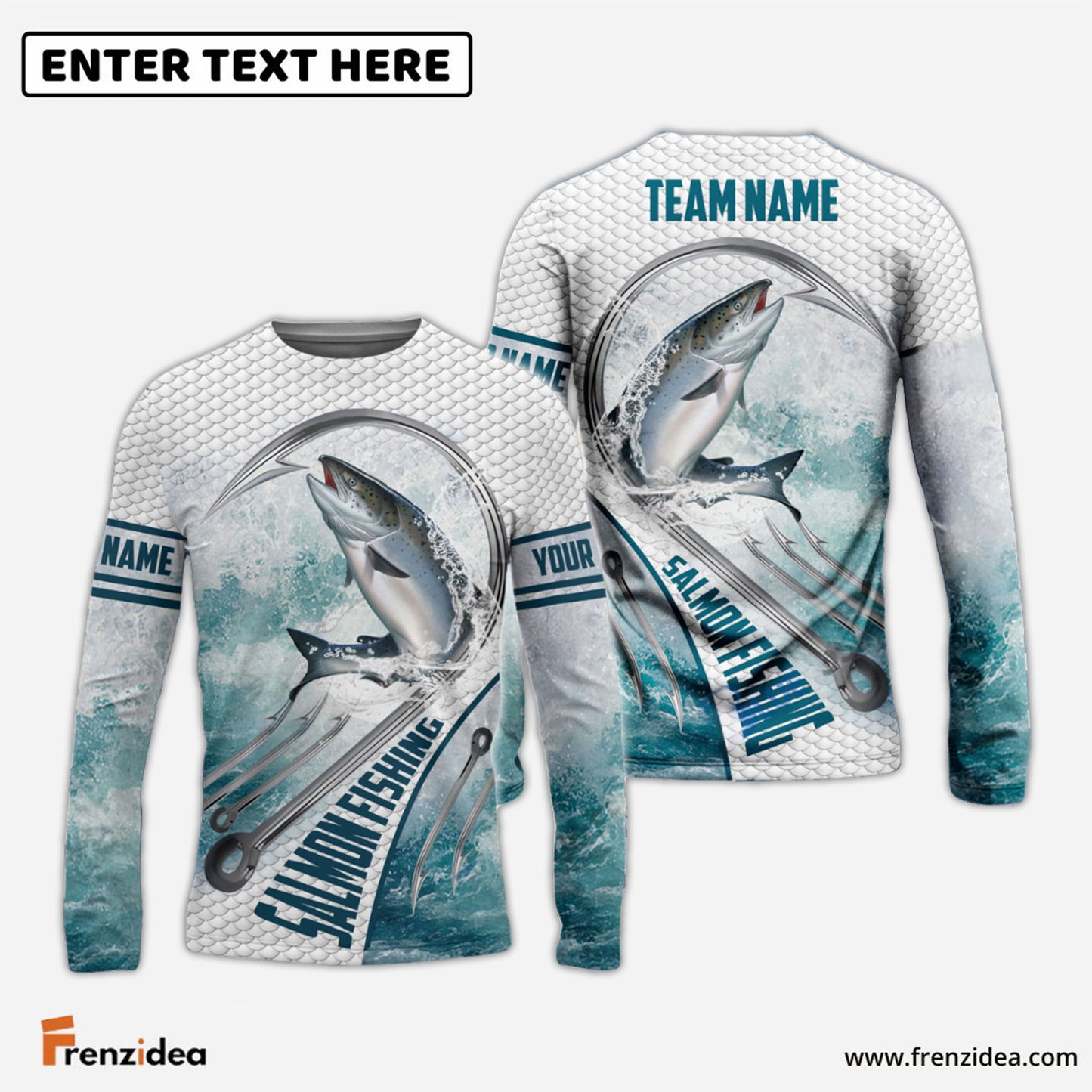 Frenzidea Salmon Fishing White Fin Water Sport Custom Name & Team Name 3D Shirts