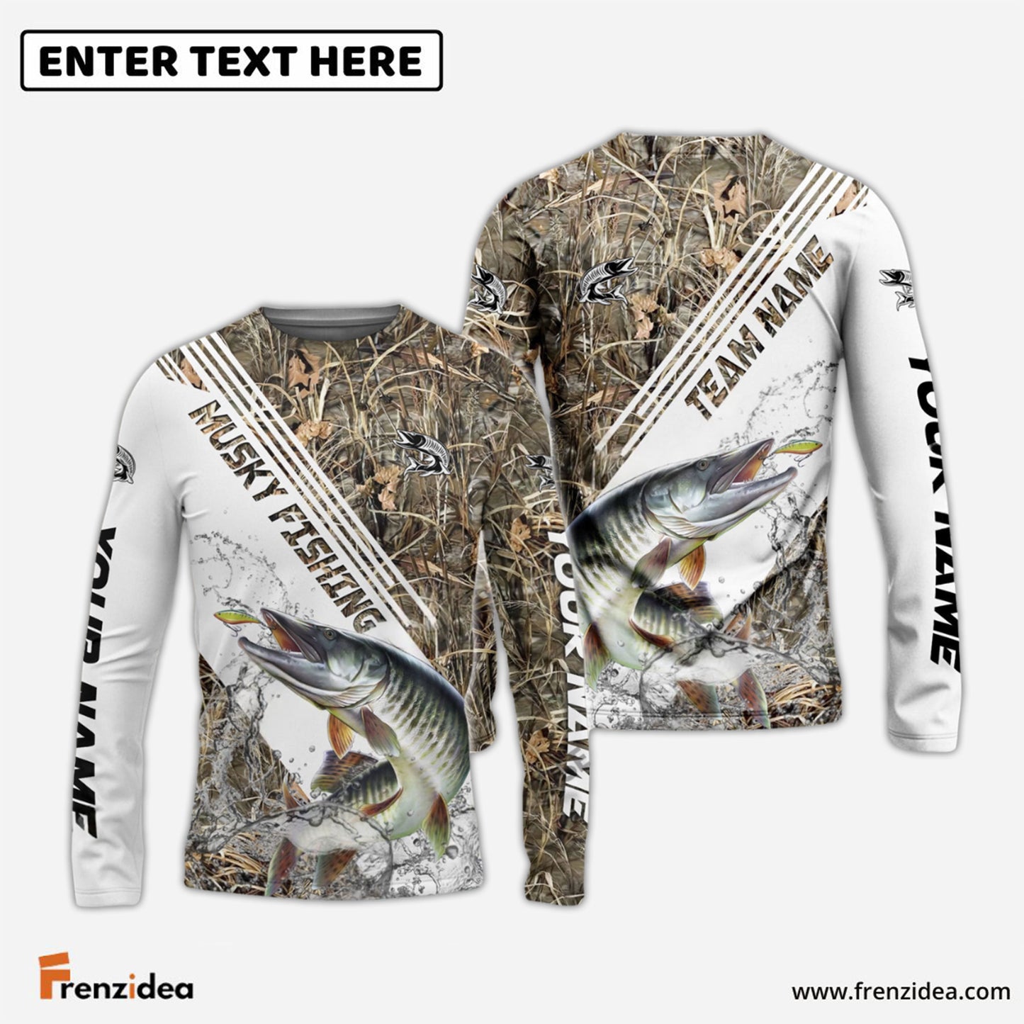 Frenzidea Musky Fishing White And Grass Camo Sport Custom Name & Team Name 3D Shirts