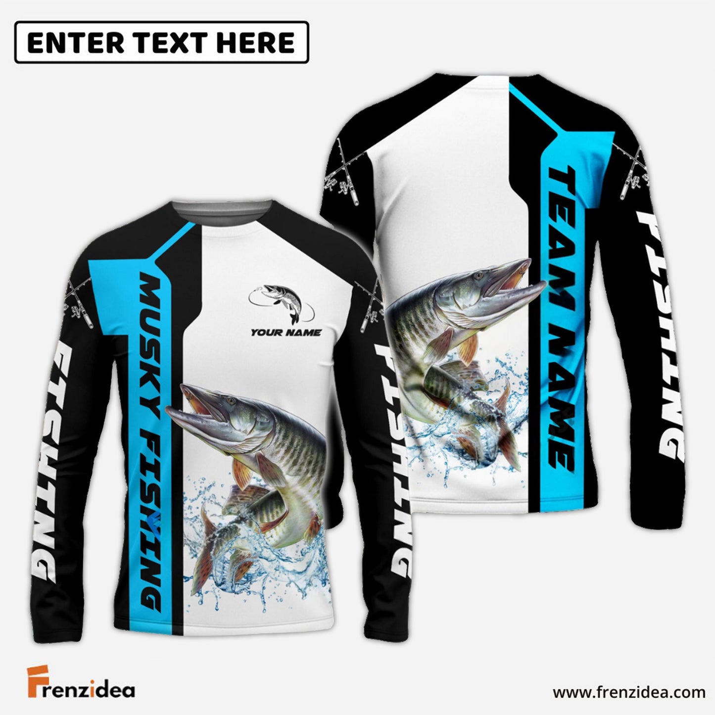 Frenzidea Musky Fishing Blue Line Sport Custom Name & Team Name 3D Shirts