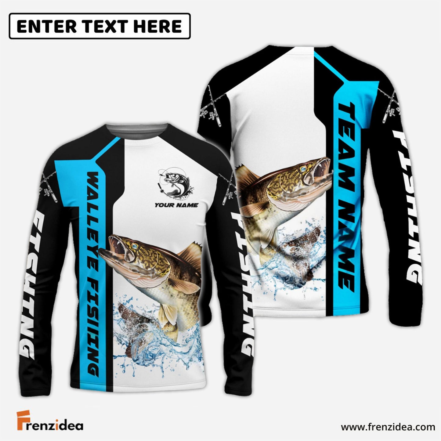 Frenzidea Walleye Fishing Blue Line Sport Custom Name & Team Name 3D Shirts