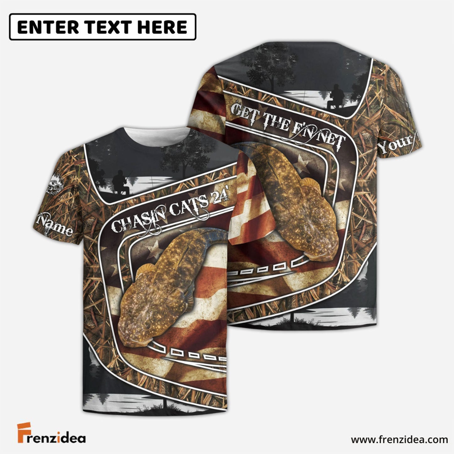 Frenzidea Flathead Fishing Camo American Flag Patriotic Customize Name 3D Shirts