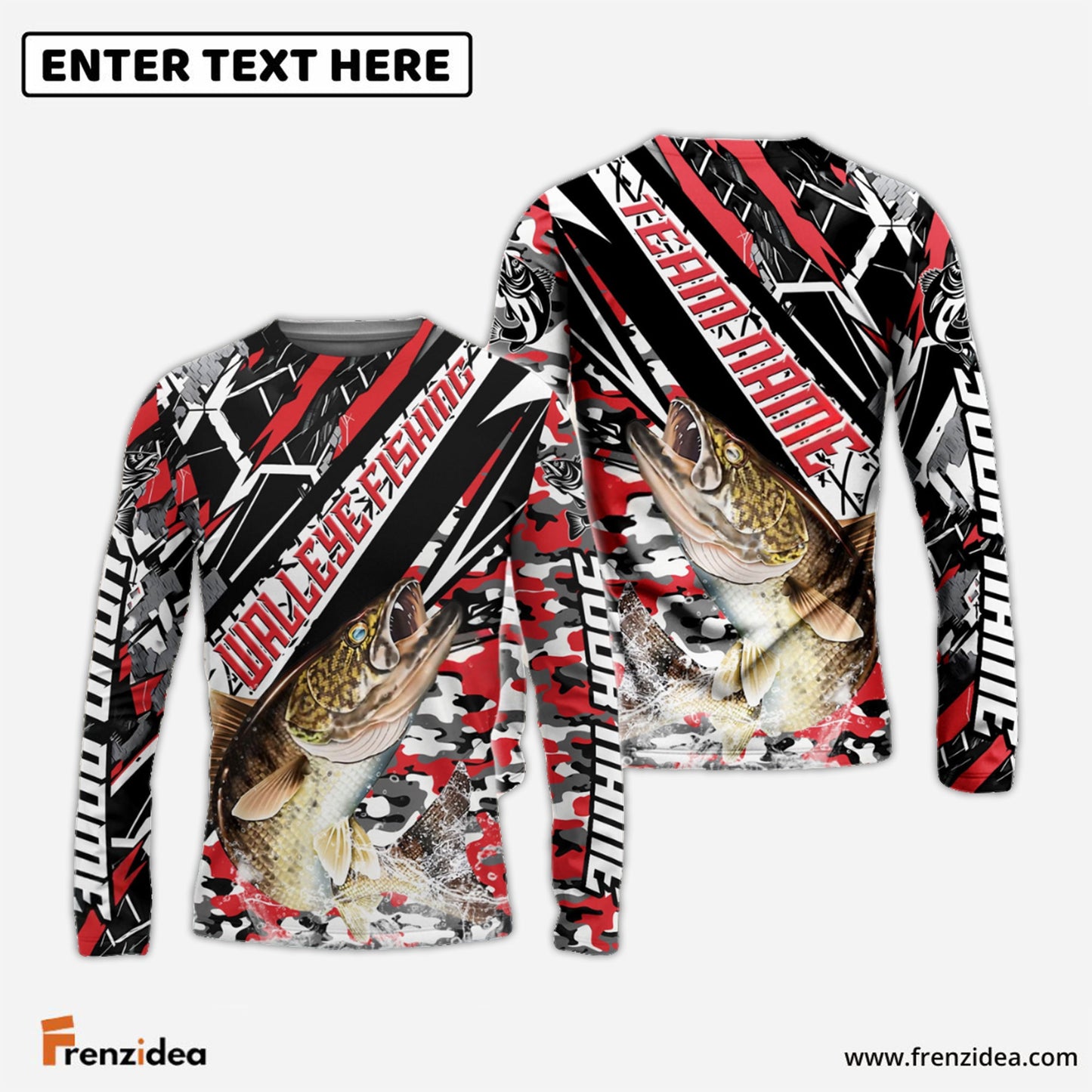 Frenzidea Walleye Fishing Red Grunge Camo Custom Name & Team Name 3D Shirts