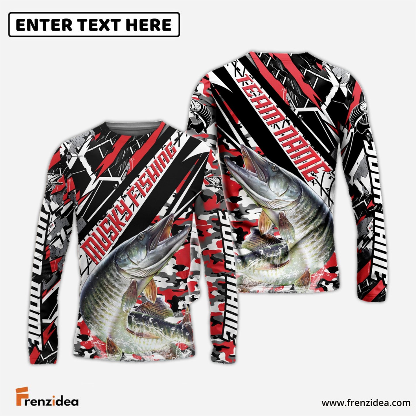 Frenzidea Musky Fishing Red Grunge Camo Custom Name & Team Name 3D Shirts