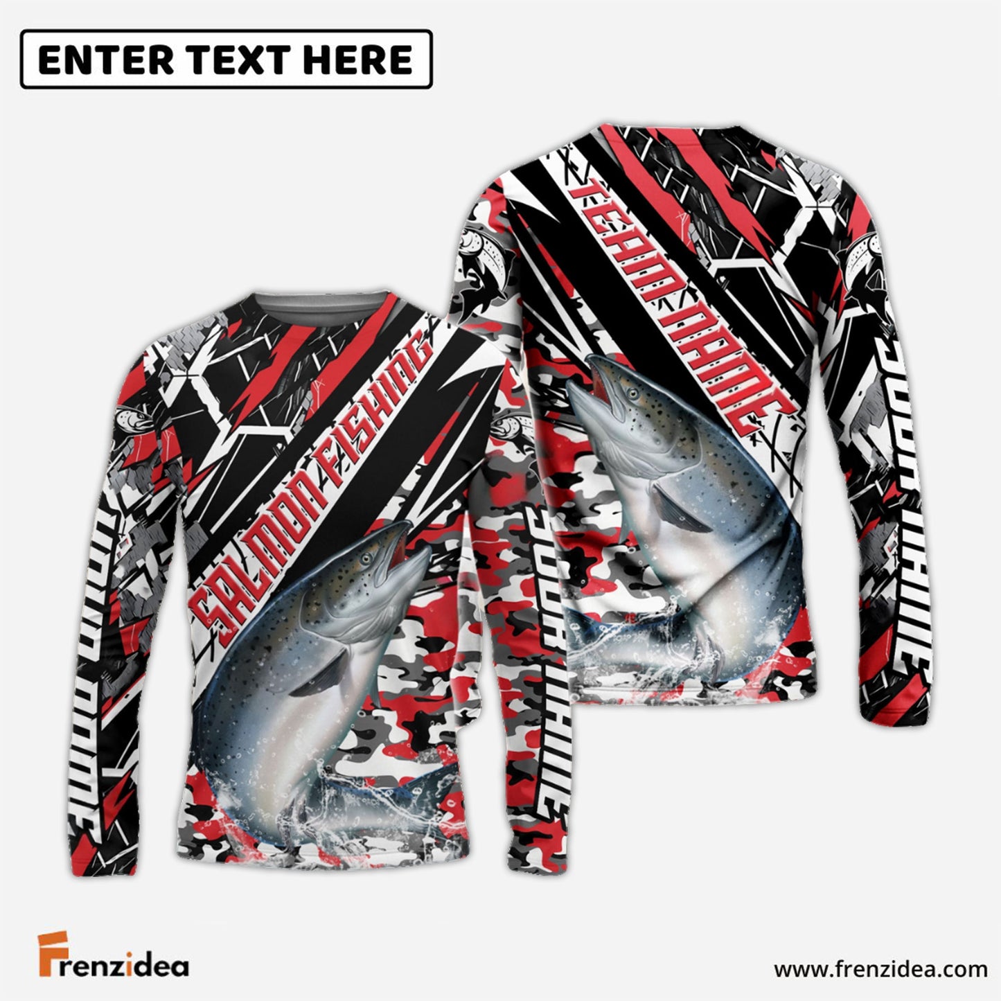 Frenzidea Salmon Fishing Red Grunge Camo Custom Name & Team Name 3D Shirts