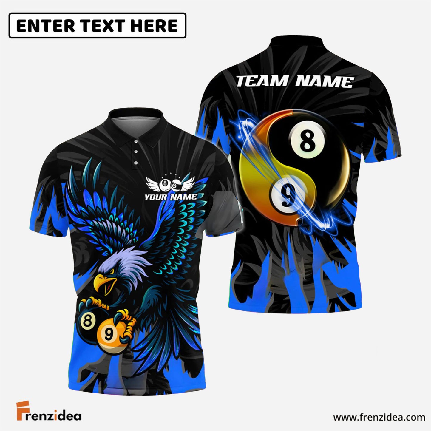 Frenzidea Billiards Ball 8&9 Yinyang Eagle Flame Personalized Name Shirt (4 Colors)