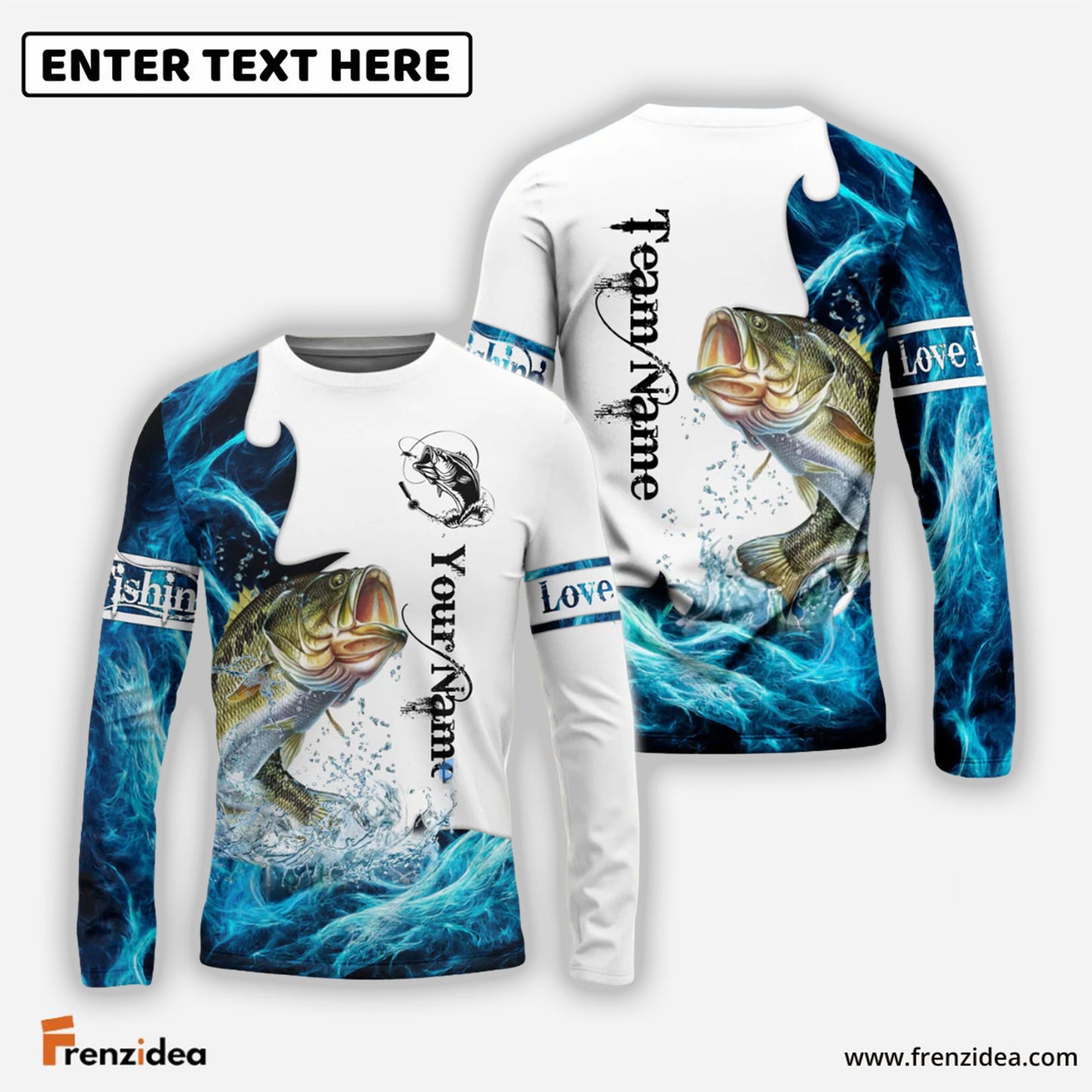 Frenzidea Customize Name, Team Name Bass Fishing Fishing Water & White 3D Shirts