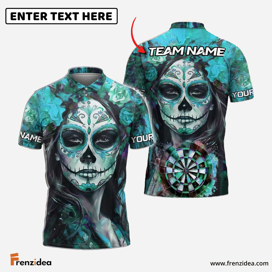 Frenzidea Darts Day of the Dead Skull Girl Personalized Name, Team Name 3D Shirt (4 Colors)