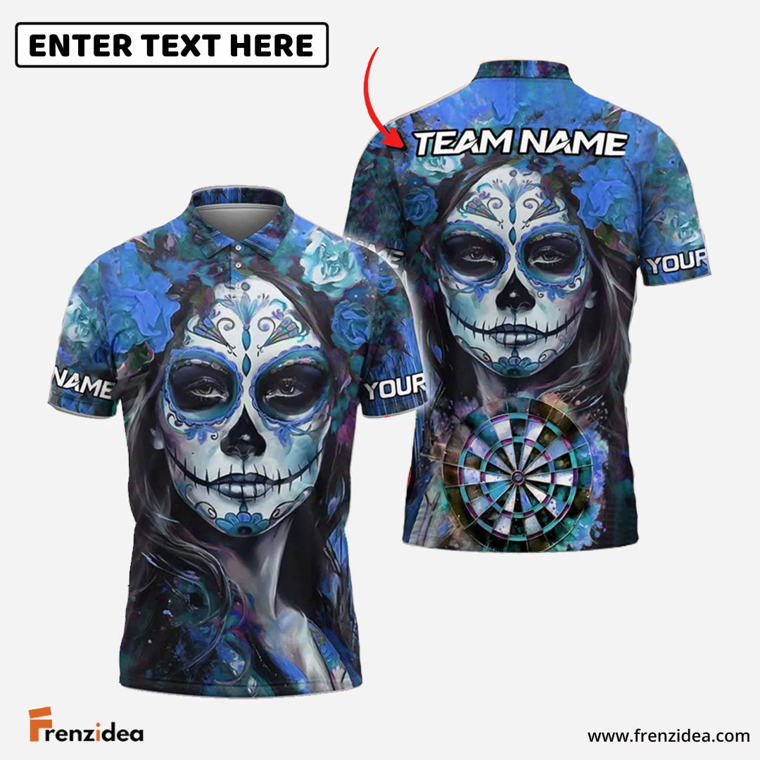 Frenzidea Darts Day of the Dead Skull Girl Personalized Name, Team Name 3D Shirt (4 Colors)