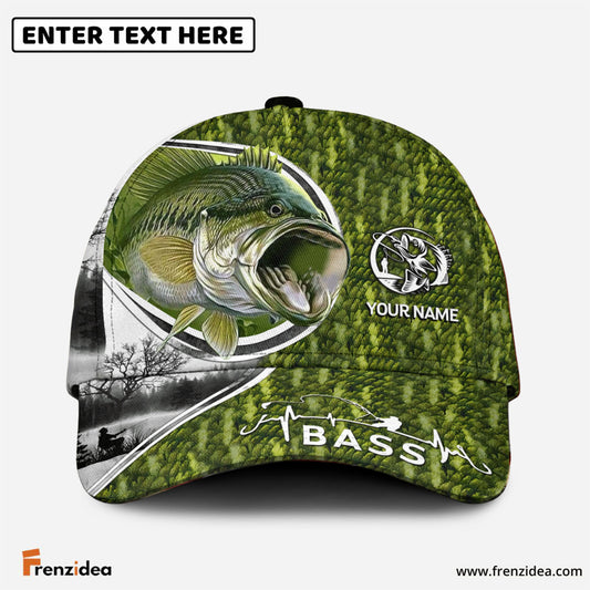 Frenzidea Custom Name Largemouth Bass Fishing Heart Beat Hook Printed Classic Cap