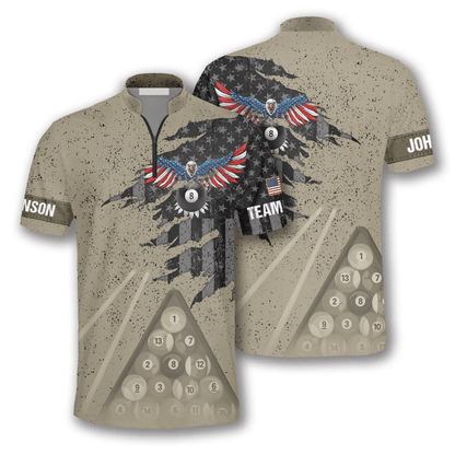 Frenzidea Eagle Retro American Flag Billiard Custom Name Zipper Polo Shirt