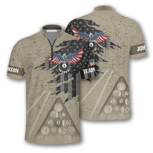 Frenzidea Eagle Retro American Flag Billiard Custom Name Zipper Polo Shirt