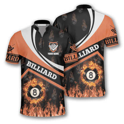 Frenzidea Billiard Fire Flame Orange Billiard Custom Name Zipper Polo Shirt