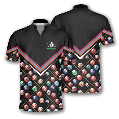 Frenzidea Billiard Pattern In Black Custom Name Zipper Polo Shirt