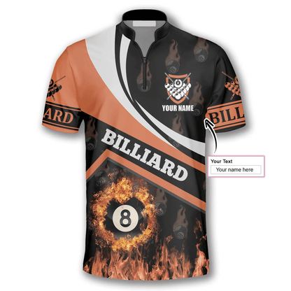 Frenzidea Billiard Fire Flame Orange Billiard Custom Name Zipper Polo Shirt