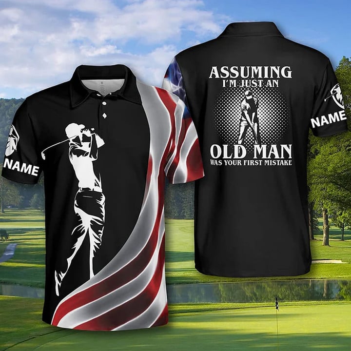 Frenzidea Assuming I'm Just an Old Man Was Your First Mistake Golf Personalized Name Polo Shirt