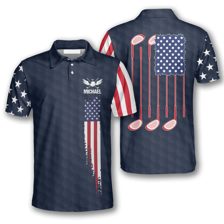 Frenzidea Golf American Flag Navy Personalized Name, Team Name Polo Shirt