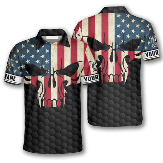 Frenzidea Golf Skull American Flag Personalized Name, Team Name Polo Shirt