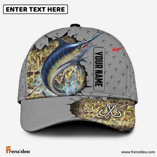 Frenzidea Custom Name Blue Marlin Fishing Grey 3D Cap