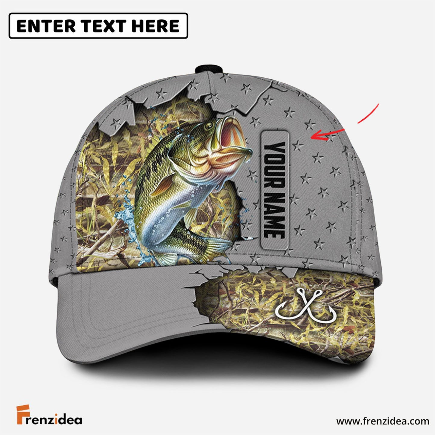 Frenzidea Custom Name Bass Fishing Grey 3D Cap