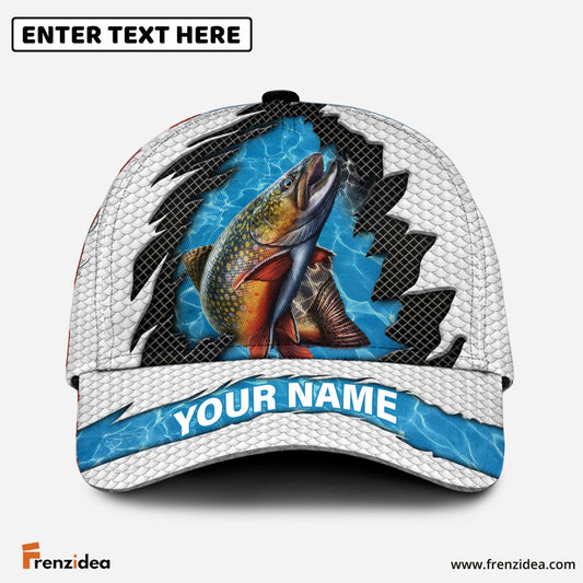 Frenzidea Personalized Trout Fishing White Blue Wave Fishnet Classic Cap
