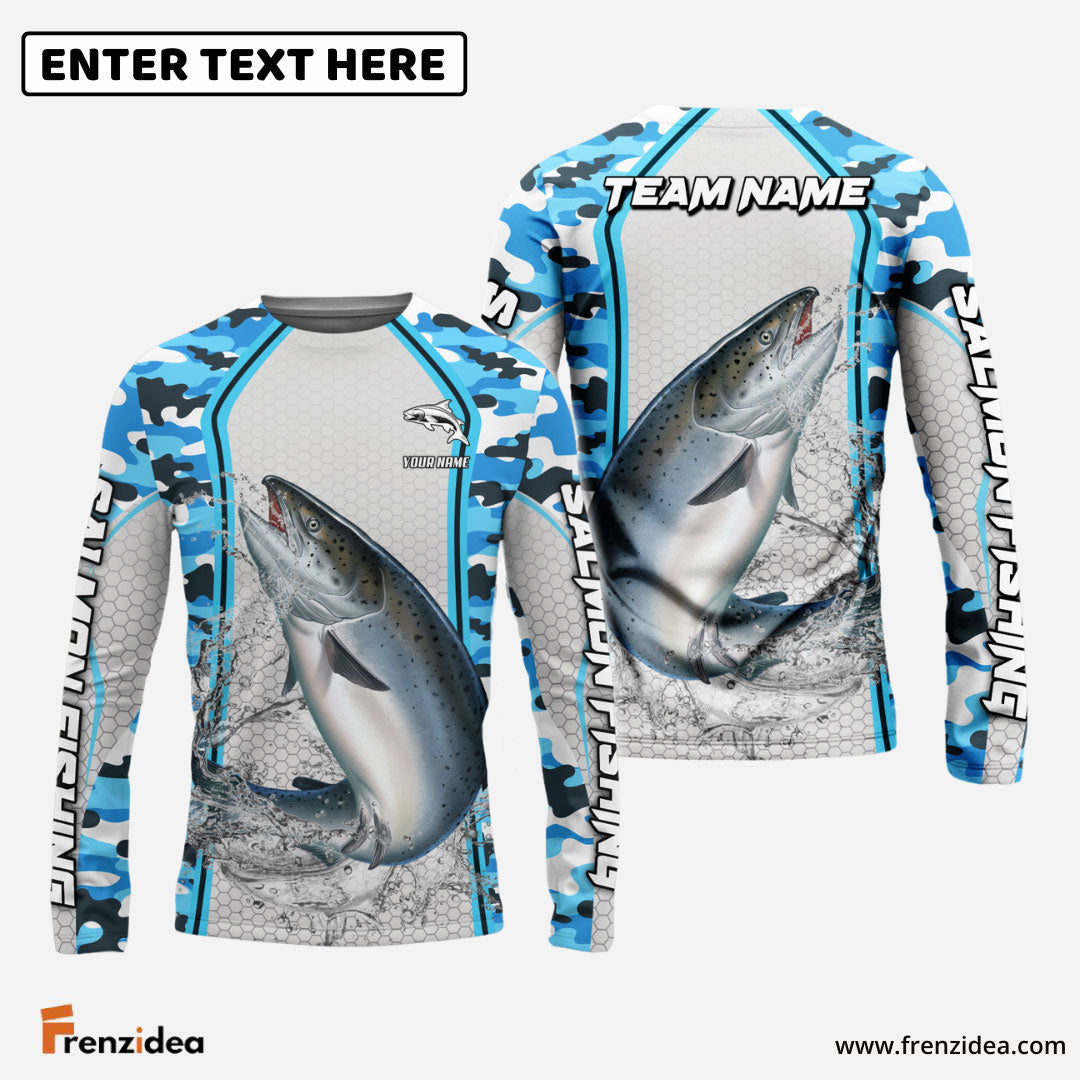 Frenzidea Salmon Fishing Light Blue Camo Sport Custom Name & Team Name 3D Shirts