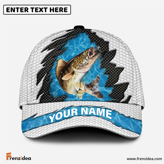 Frenzidea Personalized Walleye Fishing White Blue Wave Fishnet Classic Cap