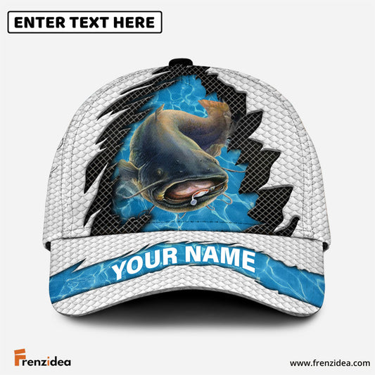 Frenzidea Personalized Catfish Fishing White Blue Wave Fishnet Classic Cap
