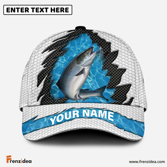 Frenzidea Personalized Salmon Fishing White Blue Wave Fishnet Classic Cap