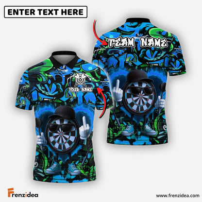 Frenzidea Darts Flaming Dartboard Attitude Graffiti Pattern Personalized Name, Team Name Shirt (4 Colors)