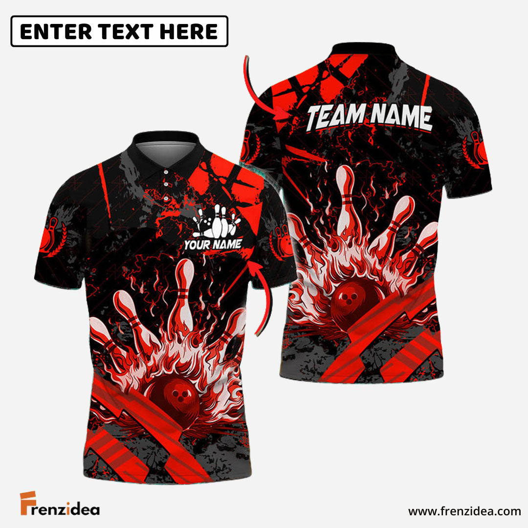 Frenzidea Bowling And Pins Grunge Flame Customized Name 3D Shirt ( 5 Colors)