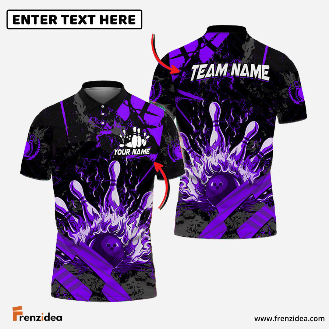 Frenzidea Bowling And Pins Grunge Flame Customized Name 3D Shirt ( 5 Colors)