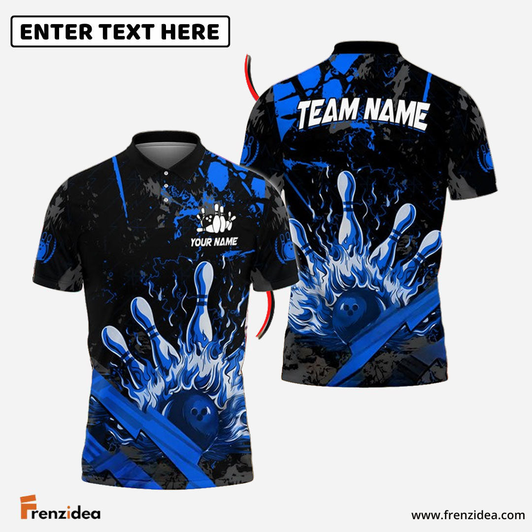 Frenzidea Bowling And Pins Grunge Flame Customized Name 3D Shirt ( 5 Colors)