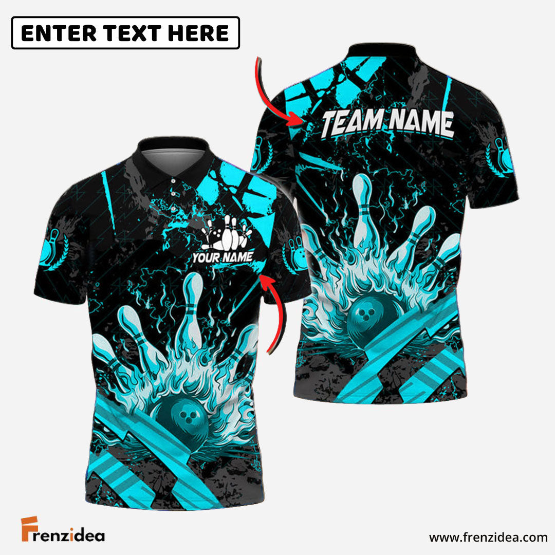 Frenzidea Bowling And Pins Grunge Flame Customized Name 3D Shirt ( 5 Colors)