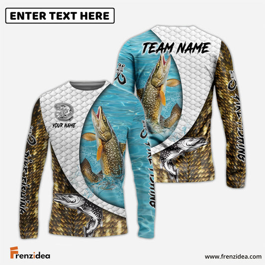 Frenzidea Pike Fishing White Skin Diagonal Custom Name & Team Name 3D Shirts