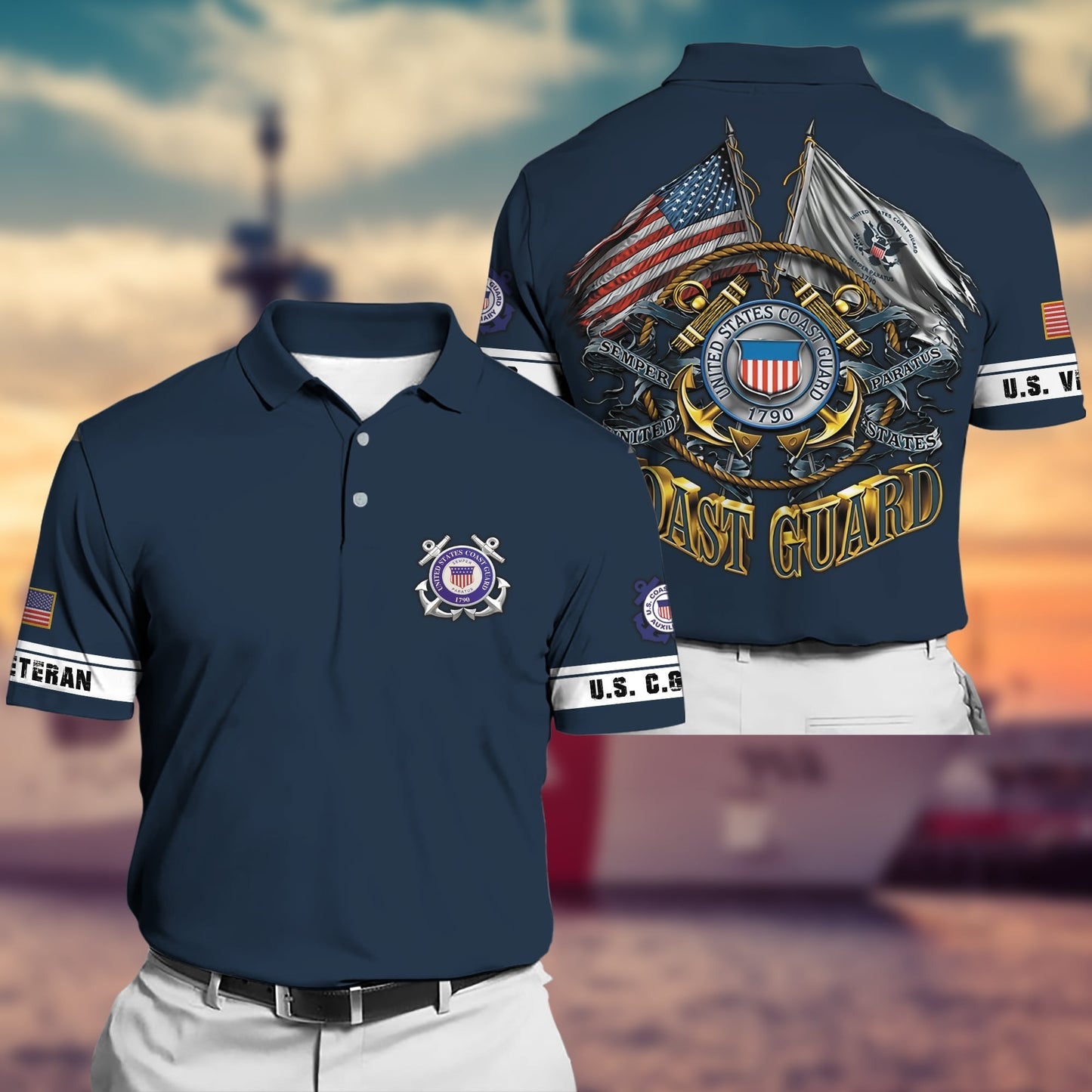 Frenzidea Premium Multiple US Military Services Veteran Polo Shirt