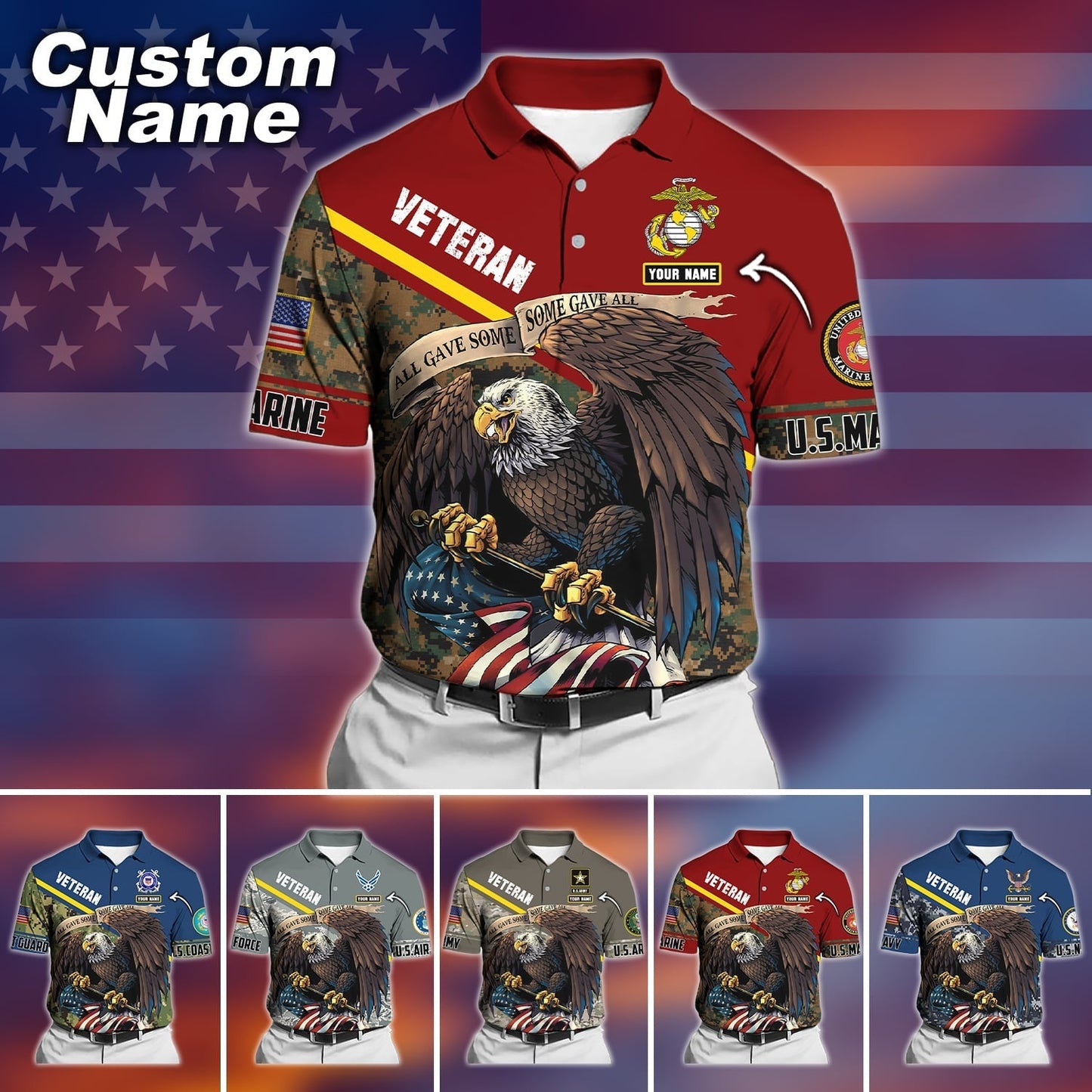 Frenzidea Premium Personalised U.S Multiple Service Veteran Polo Shirt