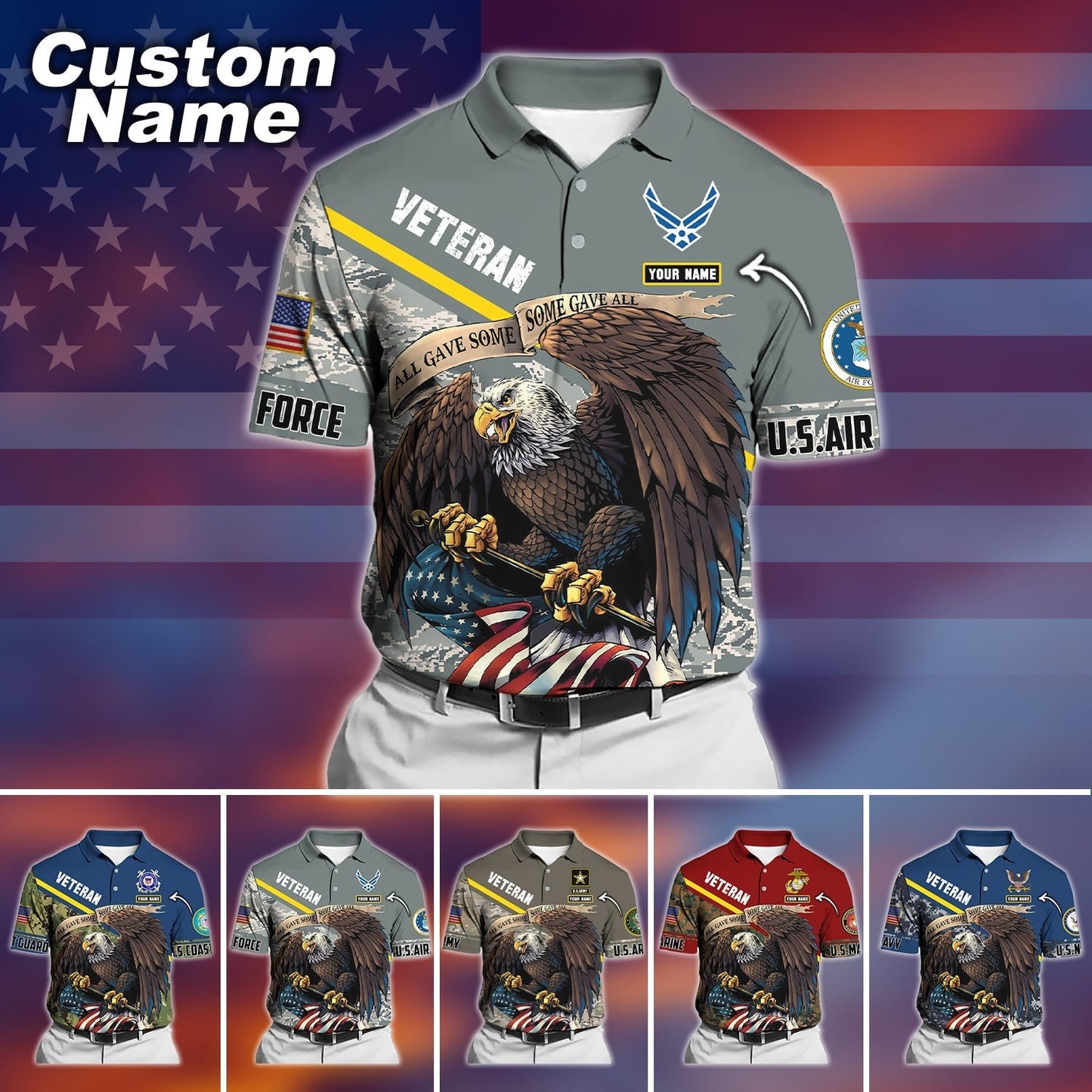 Frenzidea Premium Personalised U.S Multiple Service Veteran Polo Shirt