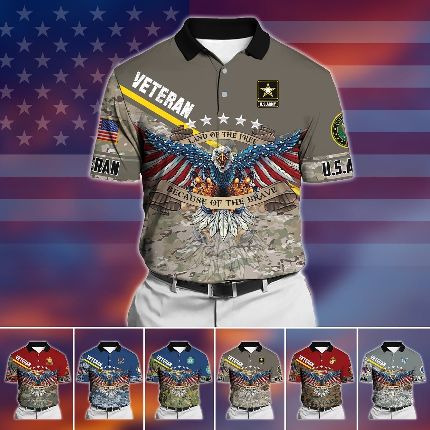 Frenzidea Premium U.S Multiple Service Veteran Polo Shirt