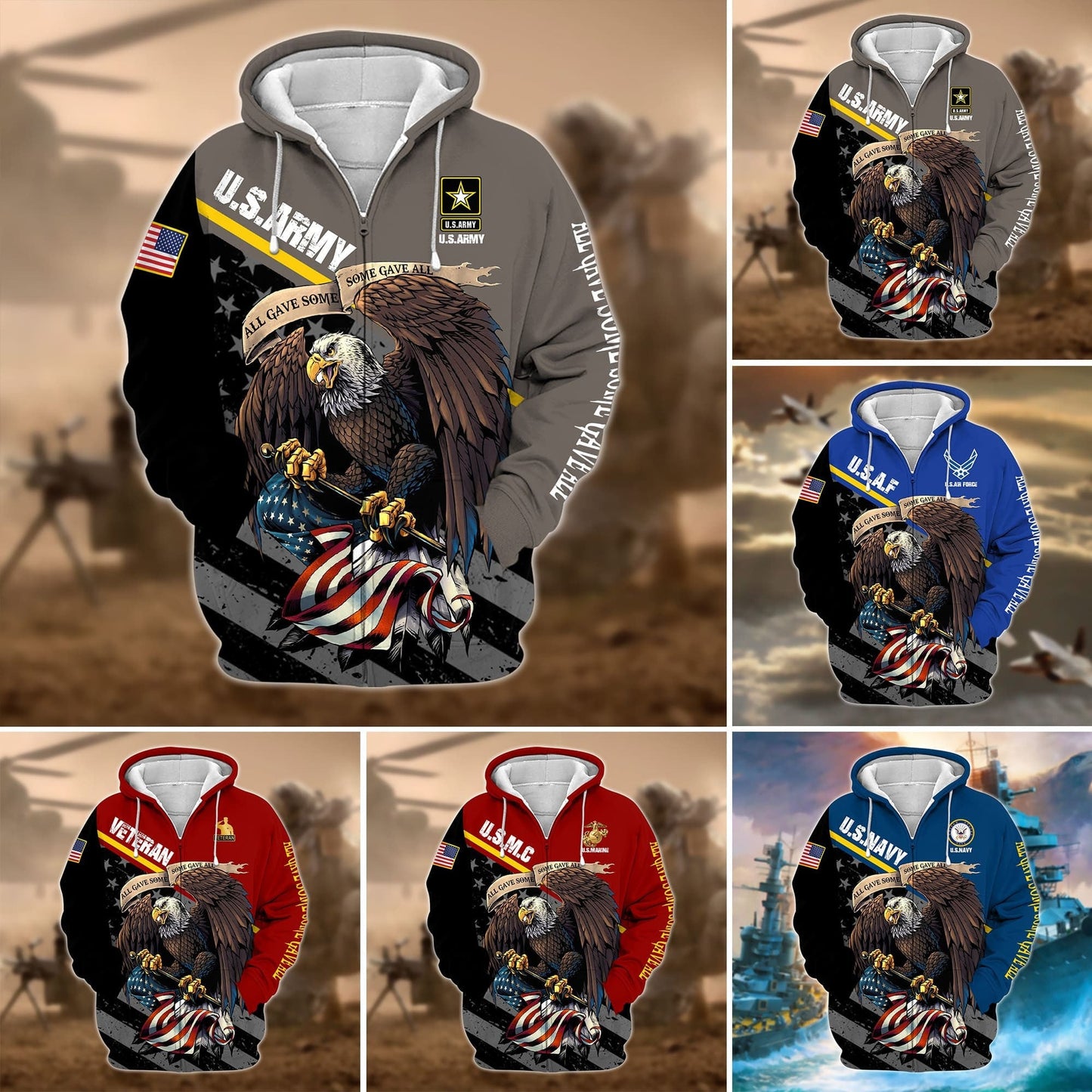 Frenzidea Premium Multiple US Military Services Veteran Zip Hoodie TH15122521