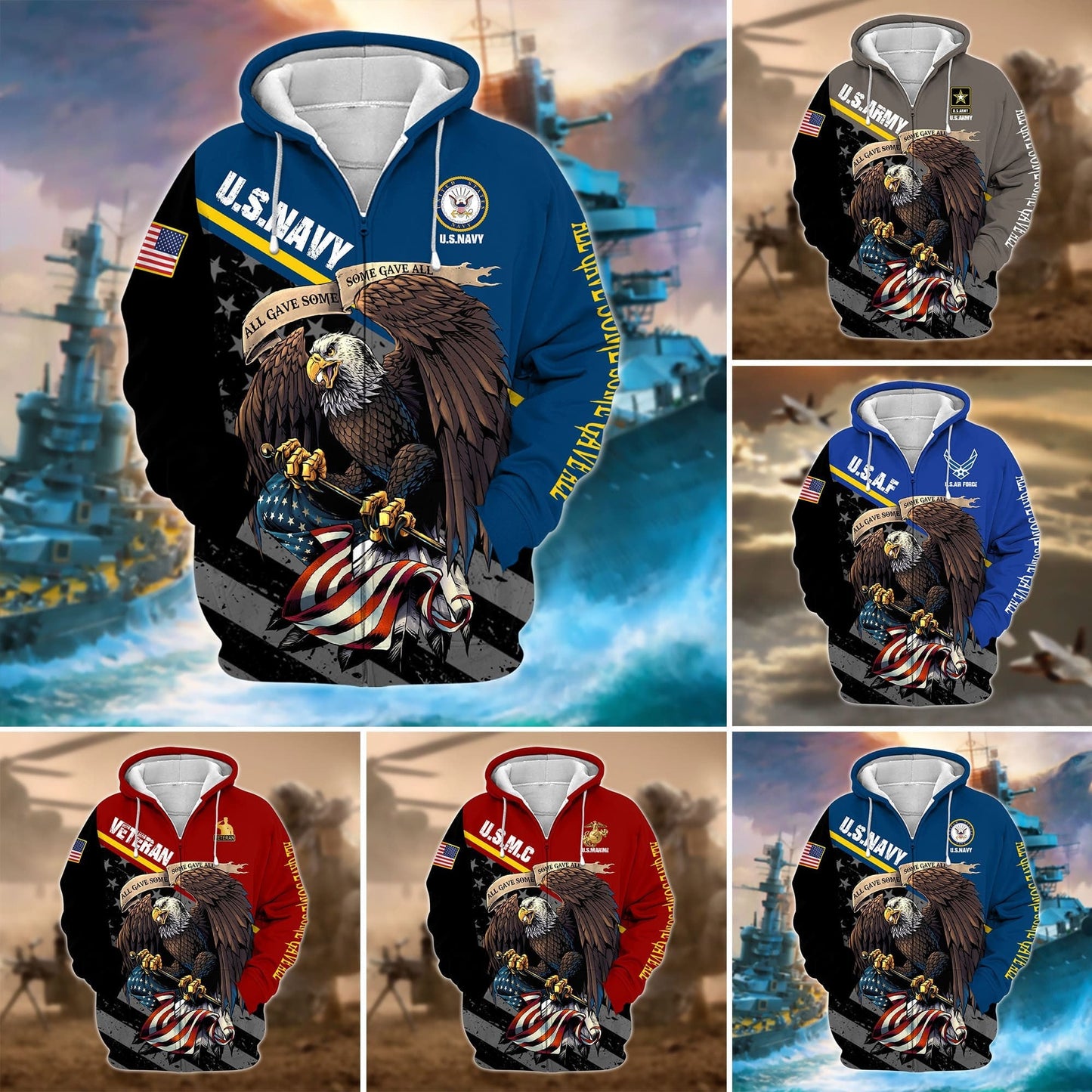 Frenzidea Premium Multiple US Military Services Veteran Zip Hoodie TH15122521