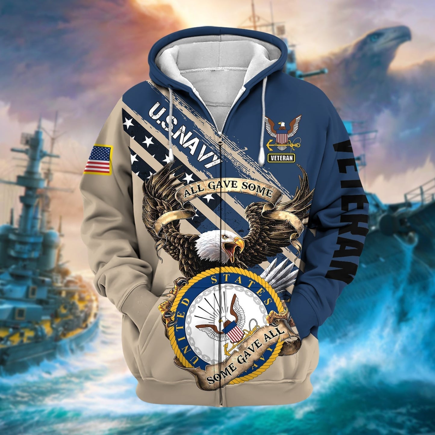 Frenzidea Premium Proudly Served Multiservice US Veteran Zip Hoodie