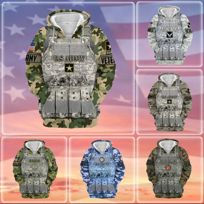 Frenzidea Unique Camo Soldiers Multiservice US Veteran Zip Hoodie